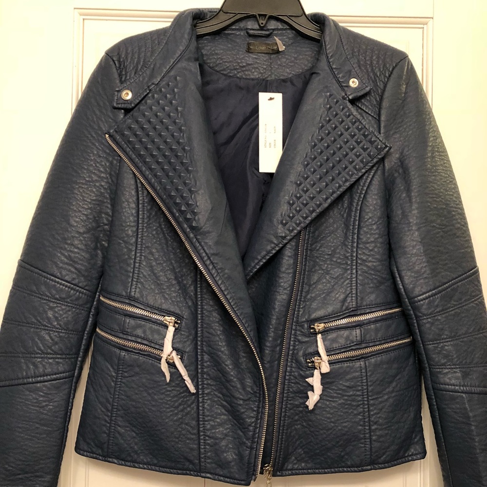 NAVY FAUX LEATHER JACKET W/ STUDDED COLLAR